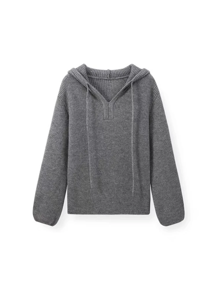 Hooded Sweater Women's Sweater 2025 Autumn and Winter New Fashion V-neck Loose Casual Solid Color Long-sleeved Knitted Top