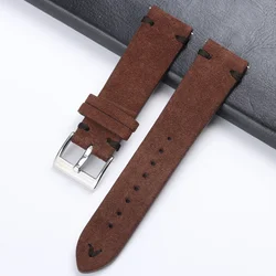 Vintage Grey Suede Leather Watch Strap with Handmade Stitching - Soft Replacement Wristband - Black buckle (Brown black)