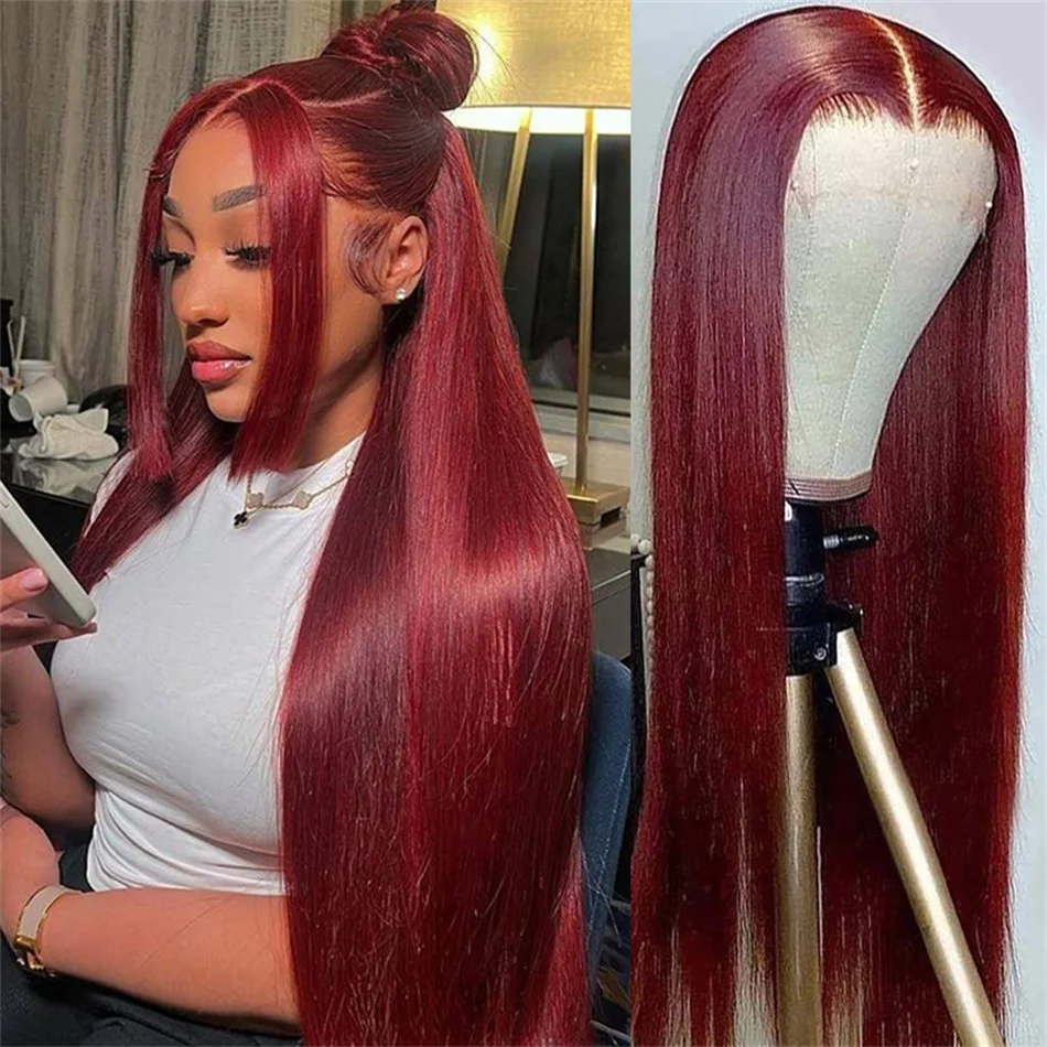 Burgundy Transparent Lace Frontal Human Hair Wig Pre Plucked Red 99J Straight Colored 13x4 Lace Front Human Hair Wigs For Women 1