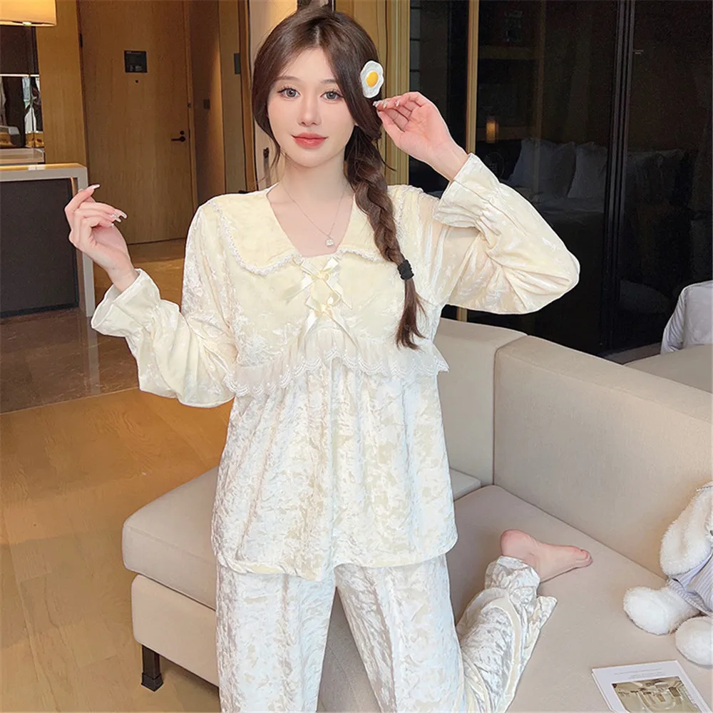 

Velour Pajamas Suit V-Neck Women Nightsuits Home Clothes Long Sleeve Trousers 2Pcs Pyjamas Sleep Set Sleepwear