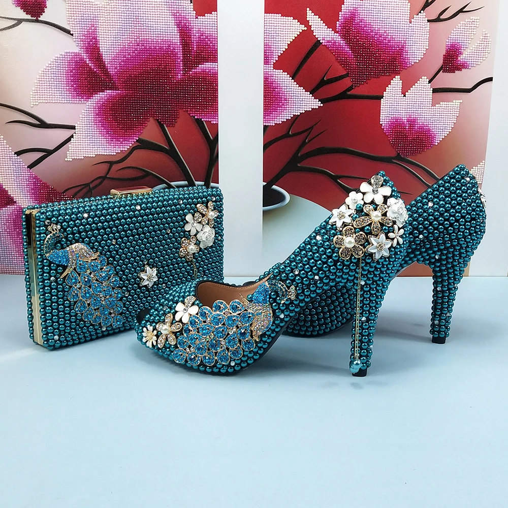 

Spring Teal Blue Pearl wedding shoes with matching bags bride High heels platform shoes OpenToe green blue Shoe and Bag Set