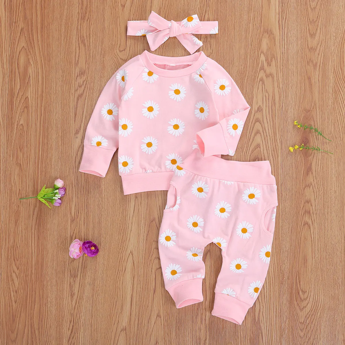 Spring New Fall Autumn Infant Baby Girls 3Pcs Set Long Sleeve Lovely Print Top Pants Headband Toddler Outfits Clothes