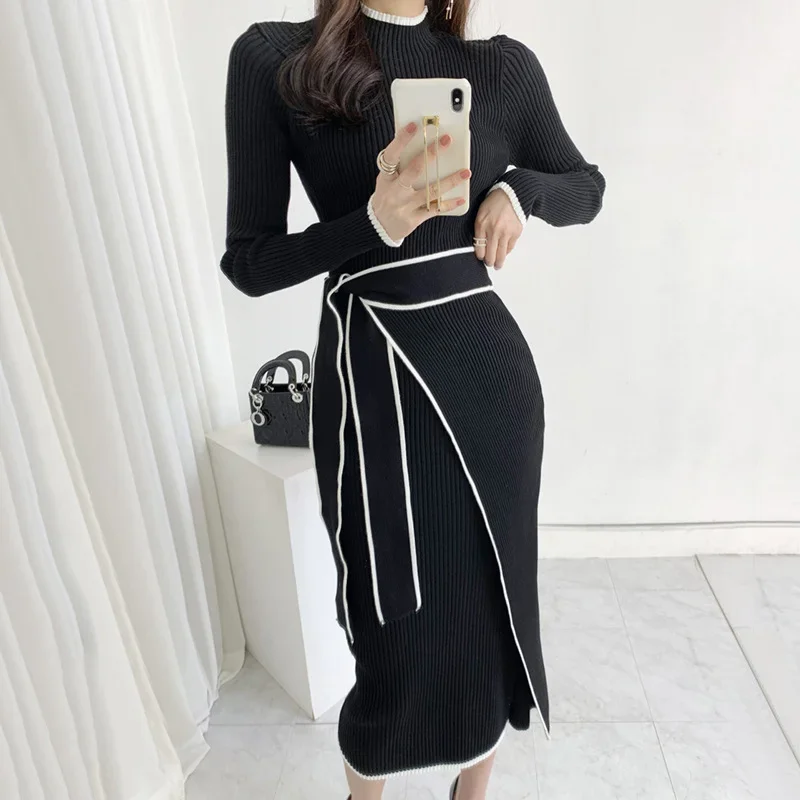 

Women Sweater Knit Dress Vintage One-Piece Patchwork Slim Woman Dress Long Sleeve Knitted Midi Dresses Elegant Autumn Clothes