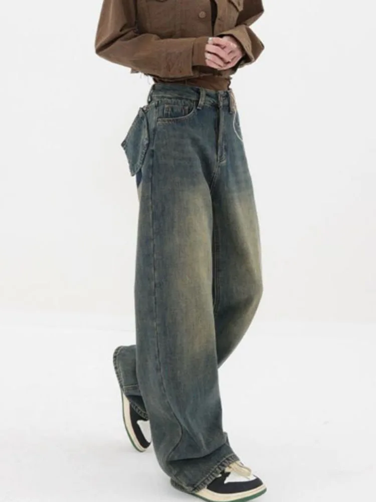 Baggy Jeans Women High Waisted Denim Pants Patchwork Wide Leg Irregular Chic Pocket Trousers Loose Straight Streetwear Y2k Jeans