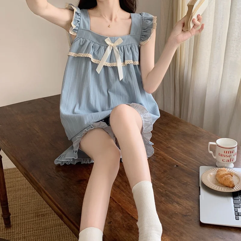 작은 비행 소매 잠옷 여성 여름 순수한면 얇은 달콤한 조끼 민소매 슬링 가슴 패드 봄과 가을날 가정복 세트