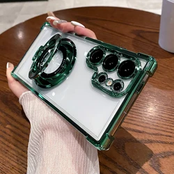 Four Corners Air Cushion Anti - Drop Transparent Electroplated Magnetic Stand Protective Case for SamsungS24Plus (DarkGreen)