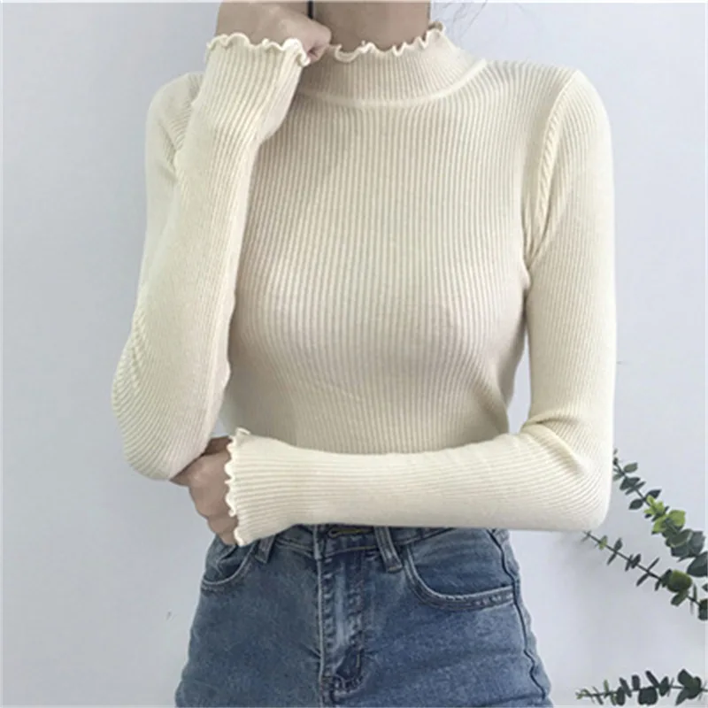 

Fashion Slim Edible Tree Fungus Bottom Pullover Korean Long Sleeve White Knit Sweater Casual Soft Half High Collar Tops 28493