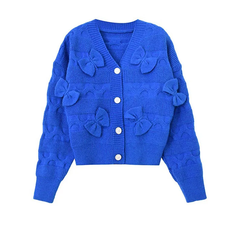 

Короткий вязаный кардиган с V-образным вырезом и бантом