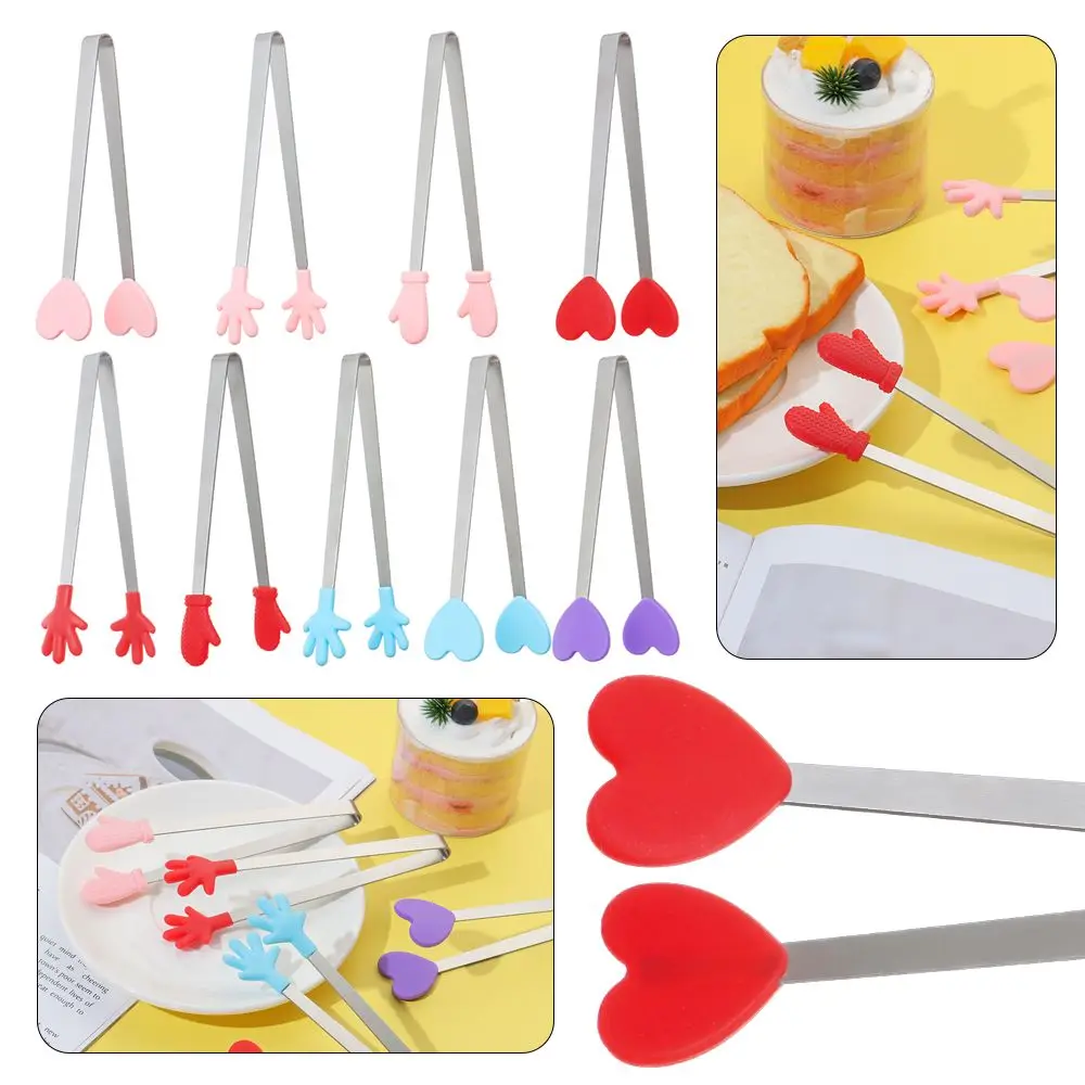 1pc Creative Silicone Stainless Steel Mini Snack Food Tongs Non-slip Handles BBQ Bread Ice Cube Clip Kitchen Accessories food tongs