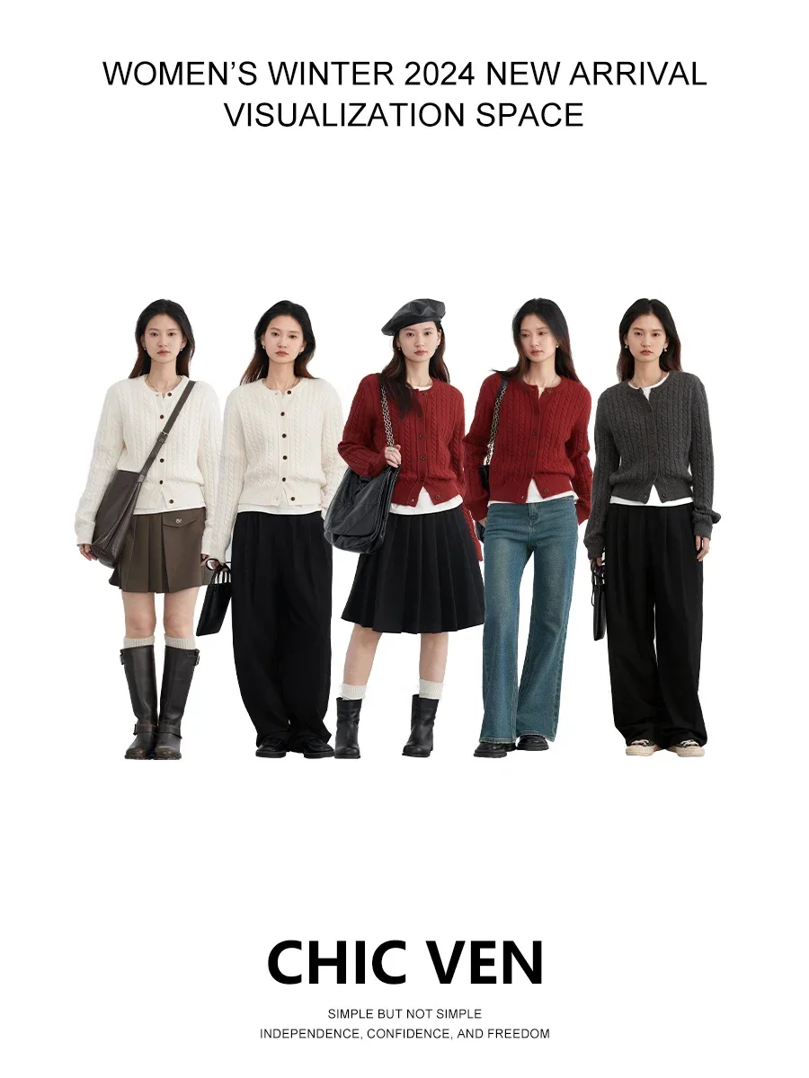 CHIC VEN Women Cardigan Casual Red  Round Neck Twisted Raccoon Hair Female Knitted Sweaters Ladies Jumpers Spring Autumn 2024 2