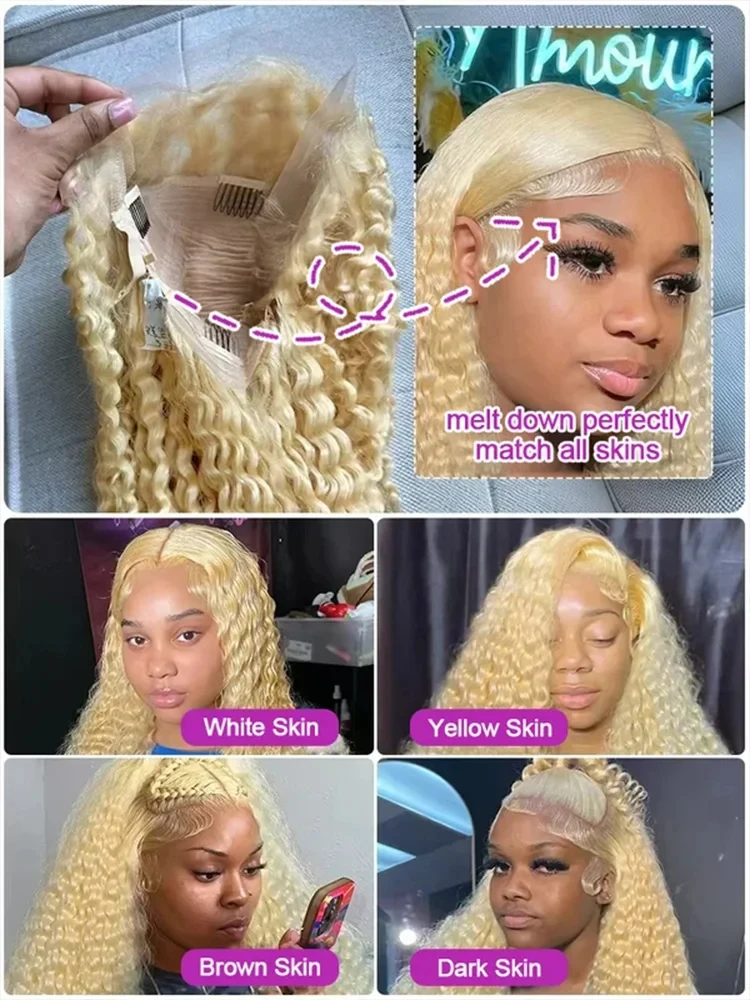 Perruques frontales en dentelle HD 13×6 et 13×4, cheveux humains, ondulés profonds, bouclés lâches, blond miel, ondulations vietnamiennes, 32 36 pouces, 230% de densité, pour femmes, couleur 613