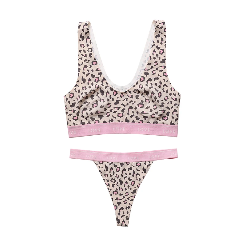 Hot Sale Leopard Print No Pad Seamless Bra And Panties Sets U Shape Elastic Waist Band String Thong Women Underwear
