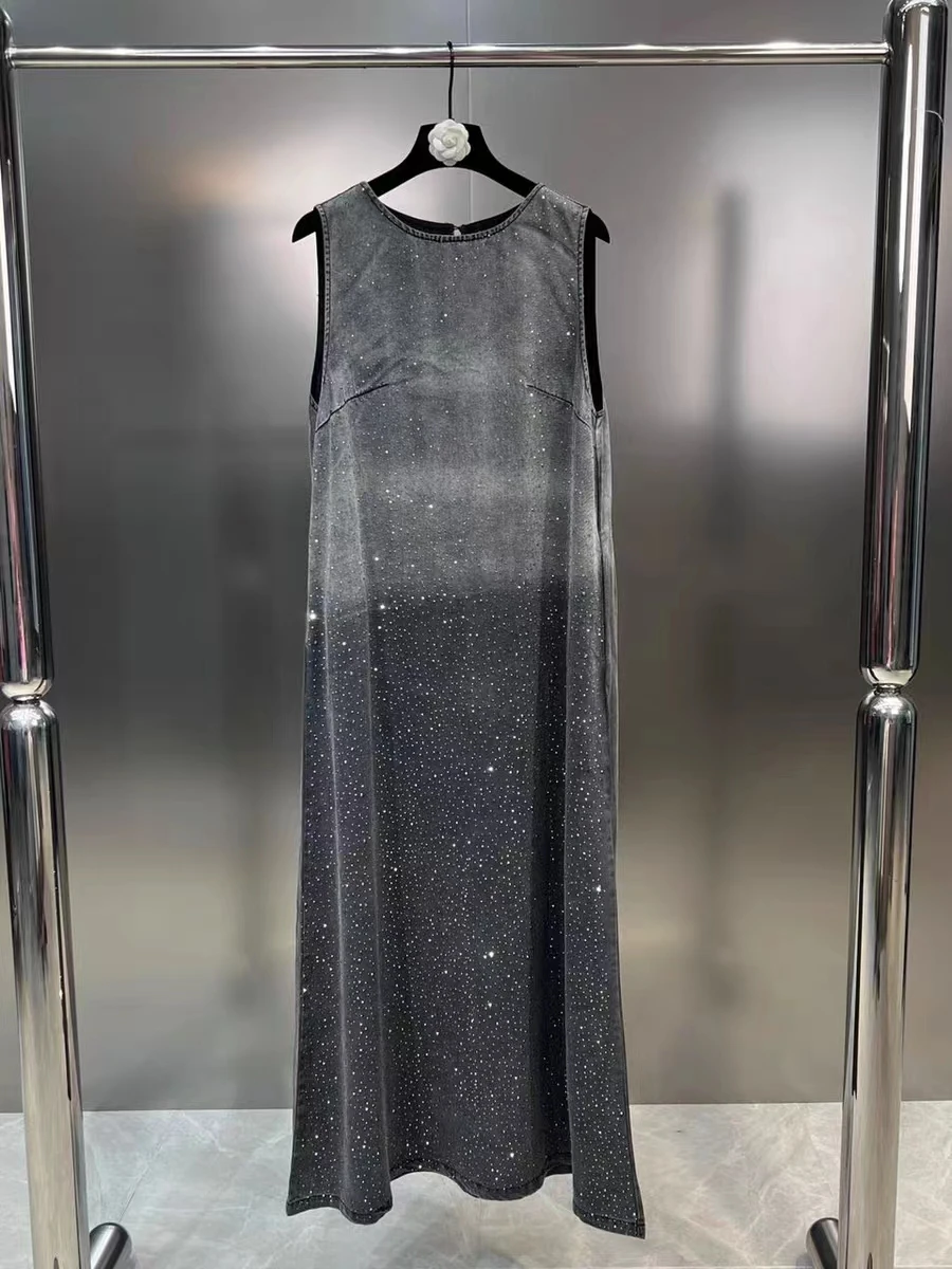 

Summer Round Neck Sleeveless Gradient Wash Hot Diamond Shiny Straight Tube Loose Dress Trend
