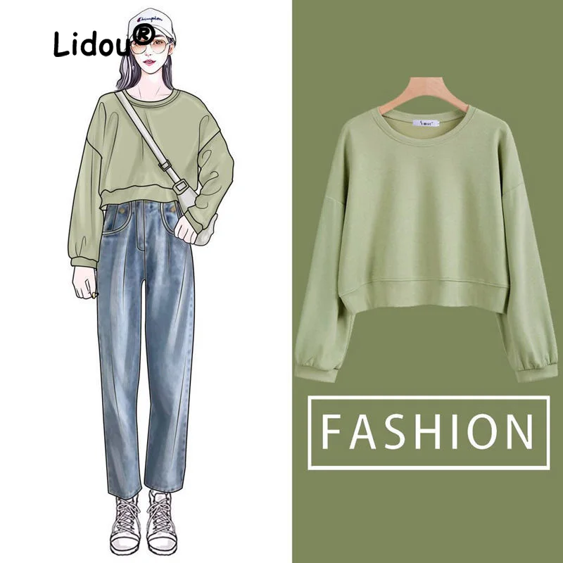 

Korean Solid Color Sweatshirts 2022 New Autumn Women's Wear Fashion Temperament O-collalr Long Sleeve Loose Short All-match Top