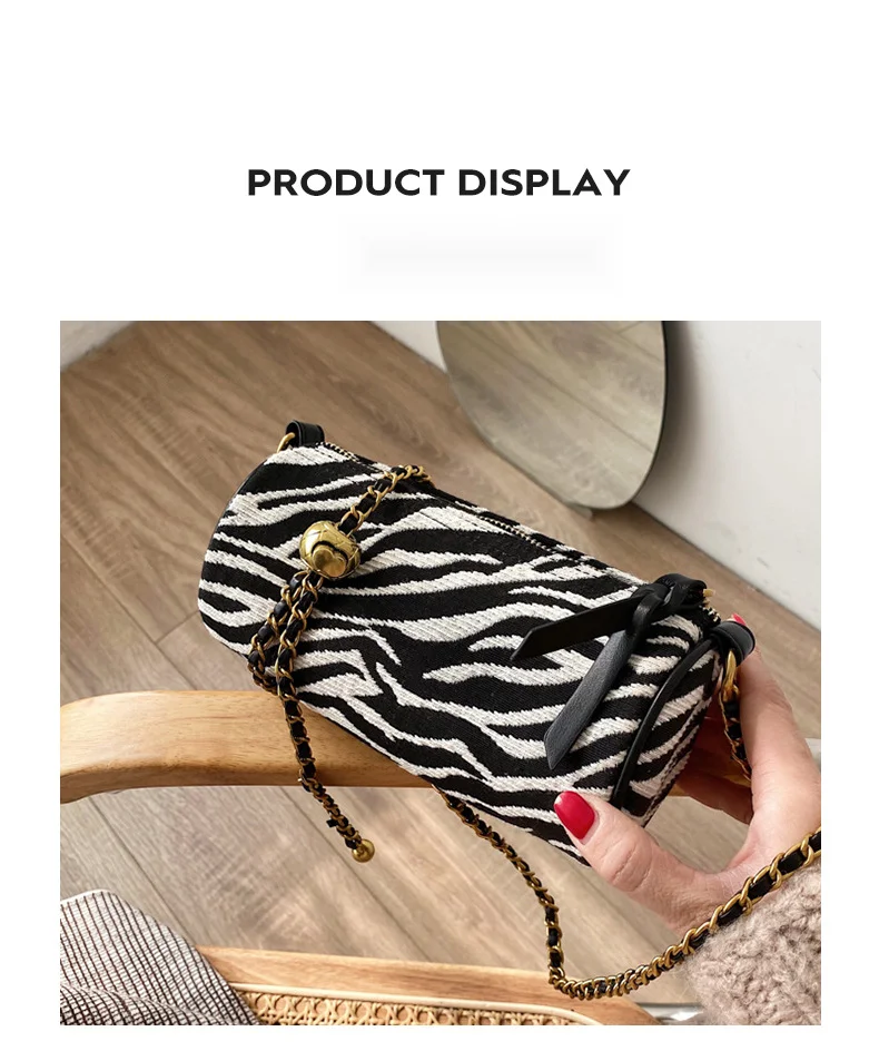 Borsa a tracolla piccola con tracolla singola a catena in tela con stampa zebra cilindrica con perline di trasporto modello 2024 nuovo_voghion.com