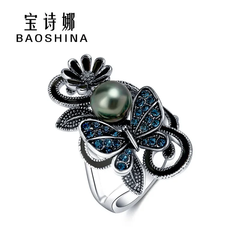 Trendy Ink Blue Pearl Butterfly Crystal Women's Ring Engagement Wedding Jewelry Copper Accessories Size 5-11 finger ring wedding rings wedding ring