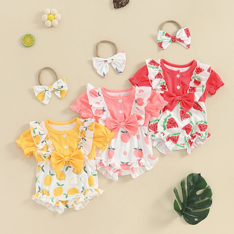 

Tregren 0-18M Newborn Baby Girl Romper Outfit Short Sleeve Fruit Print Bow Bodysuit with Headband Cute Summer Infant Clothes