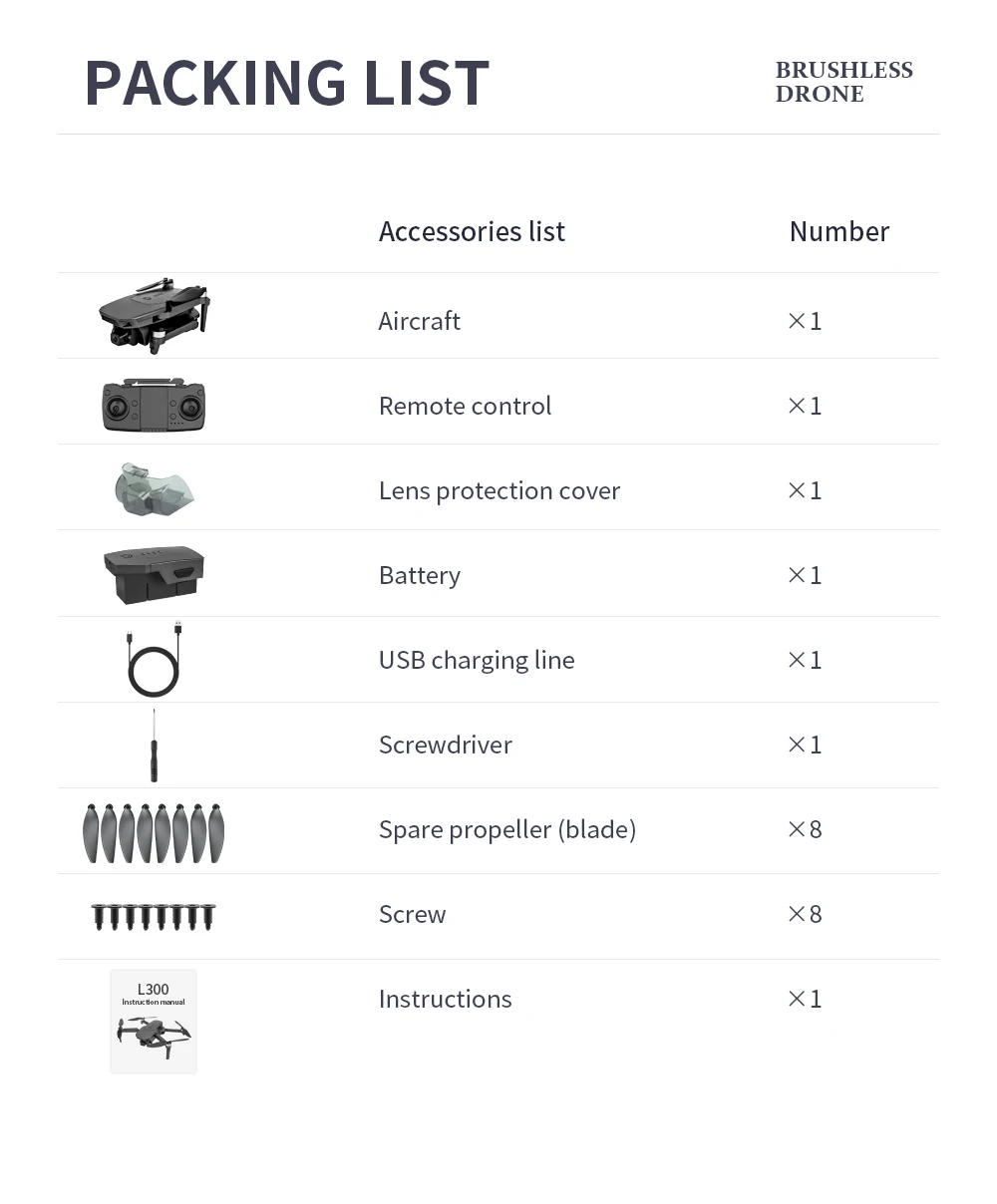 L300 Drone, packing list drone accessories list number aircraft x1 remote control x