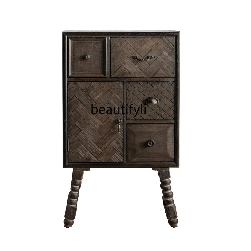 

Retro Chest of Drawers Solid Wood Home Entrance American Country Storage Cabinet Bedroom Living Room Decorative Cabinet