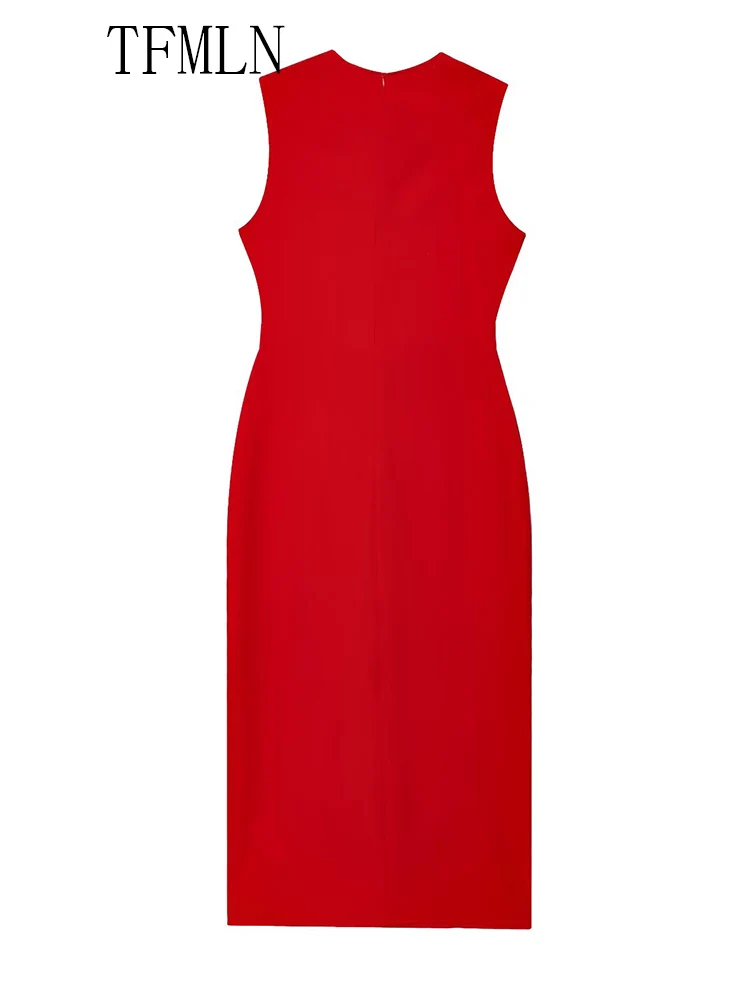 TFMLN Elegant Women Midi Dress With Belt 2025 Summer O-neck Single Breasted Sleeveless Pocket Dresses Front Slit Solid Dress