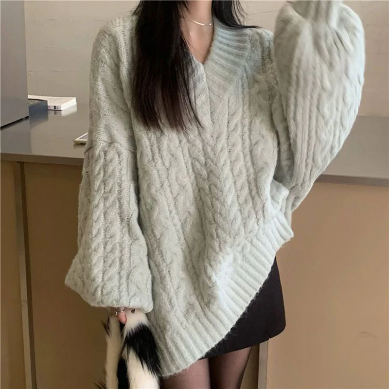 Oversized Sweater Women Fashion Preppy Pink V Neck Knitted Pullovers Harajuku Korean Long Sleeve Knitwear Winter Jumpers