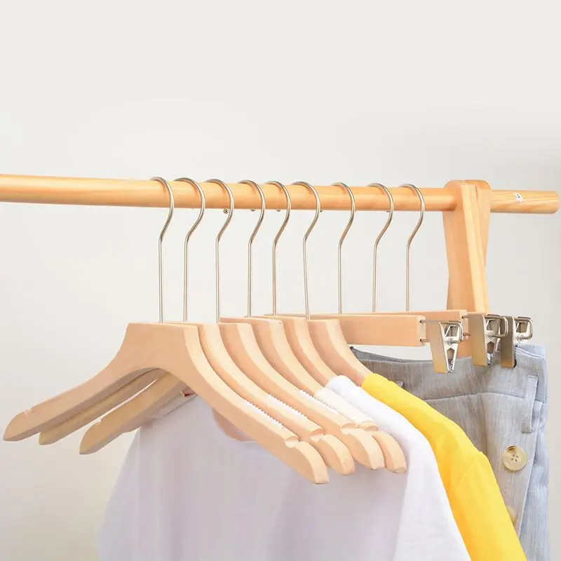 Korean Version Unpainted Hangers Natural Wood Women Suits Clip Tie Rope Clothing Store Wardrobe Coat Support Pants Rack 10PCS