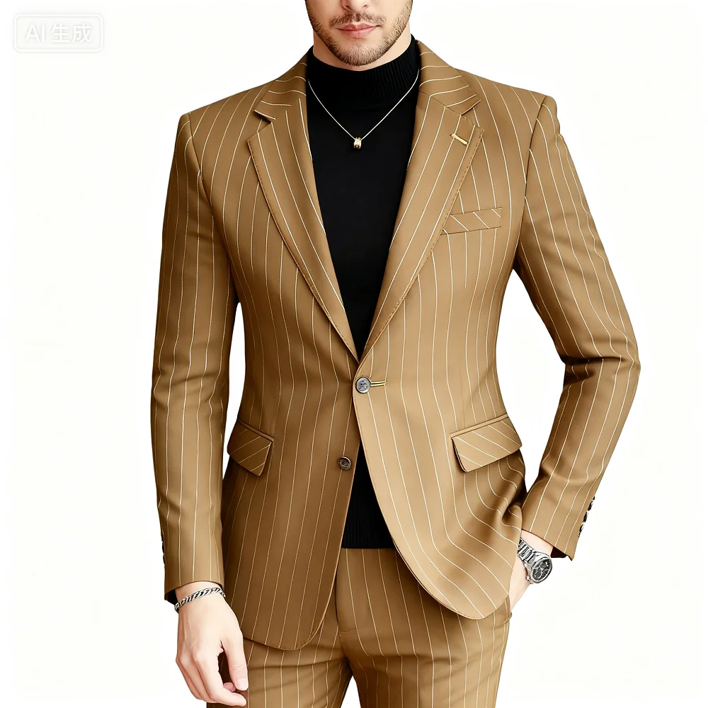 Elegant Blue Navy Men's Striped Business Blazer Slim Fit Tuxedo Casual Wedding Suit Peak Lapel Single Breasted Jacket