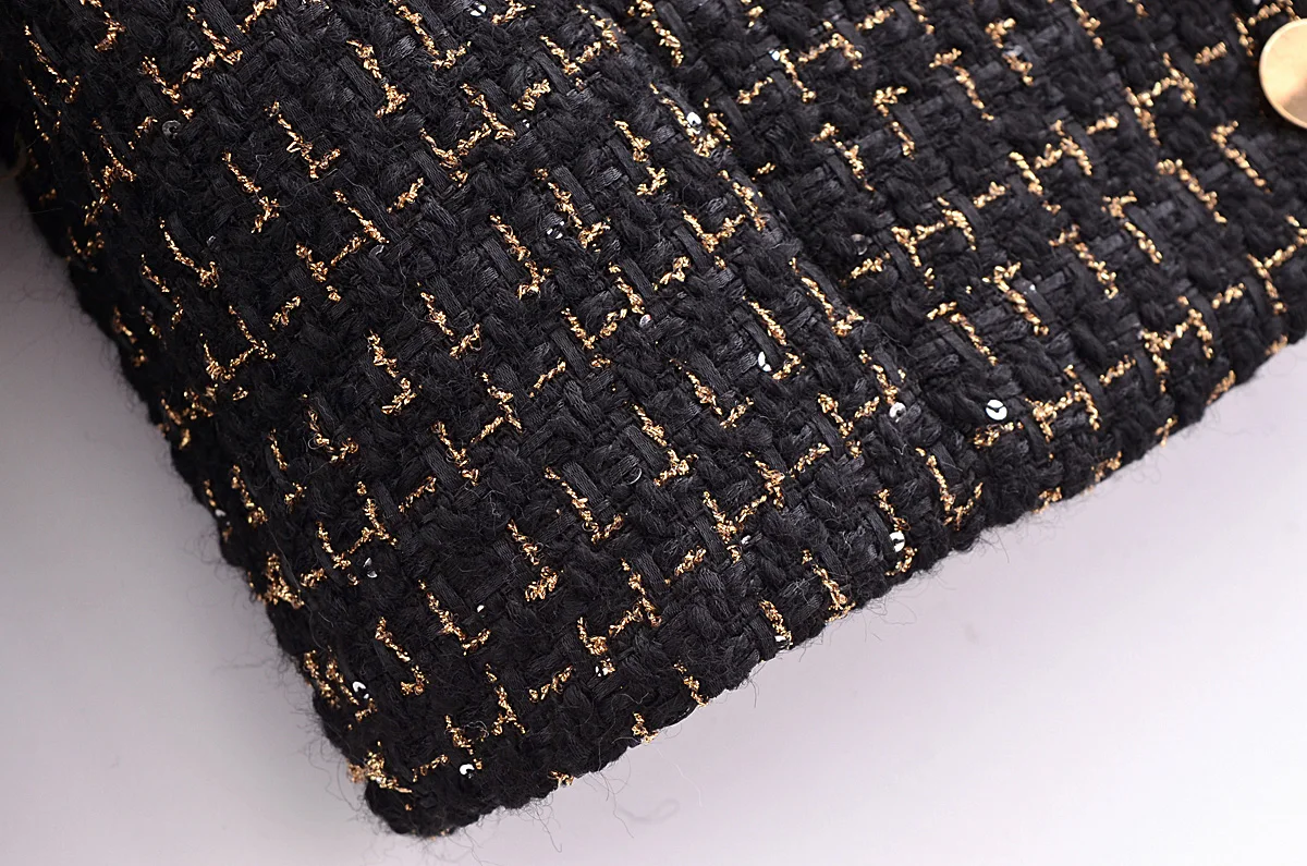 French Retro Women Black Weave Gold Line Tweed Blazer High Waist Center Buttons Back Zipper Mini Skirt Set Suits 2 pieces 1 set