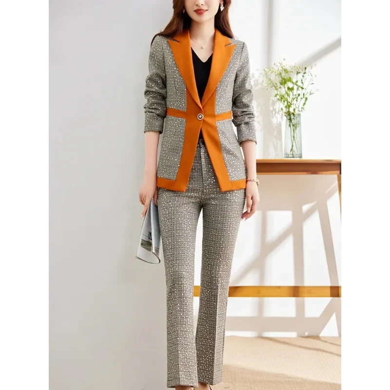 

Orange Black Plaid Office Ladies Formal Pant Suit Fashion Women Female Business Work Wear Blazer And Trouser 2 Piece Set