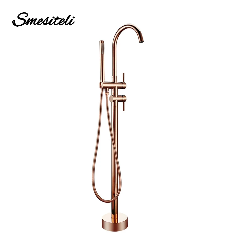 Bathroom Shower Faucet Set Freestanding Bathtub Faucet Bathroom Tub Shower Diverter Floor Mounted Mixer Tap Brass Rose Gold for Bath Spout With Handshower