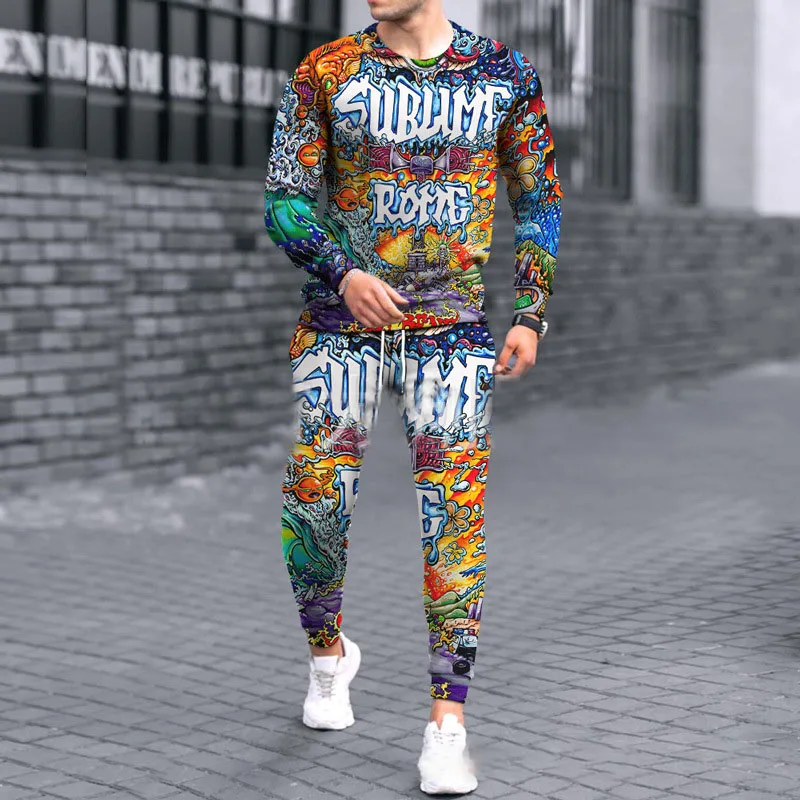 Men's Tracksuit Casual 2 Piece Long Sleeve T-Shirt+Trousers Suit Fashion Outfits Colorful Daily Wear Set Oversized Clothing