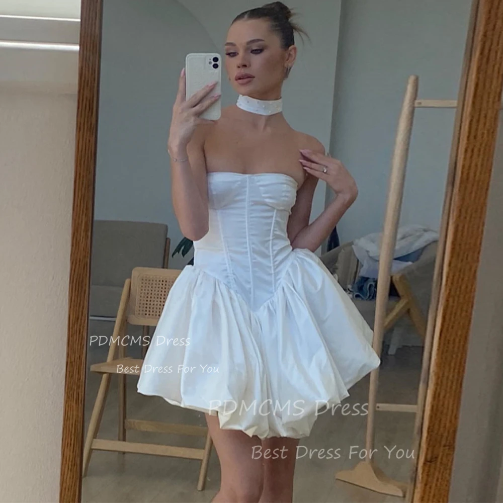 

Sexy Ivory A Line Short Wedding Party Dresses Draped Satin Strapless Bridal Gowns Sexy Mini Cocktail Prom Dress Bride Sleeveless