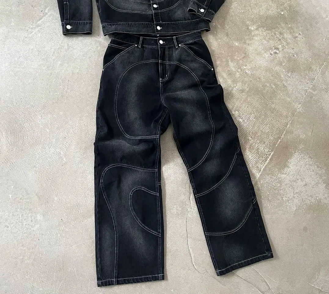 Street washed punk vintage men patchwork jeans Y2K fashionable loose fitting Gothic high waisted Harajuku straight leg pants 5