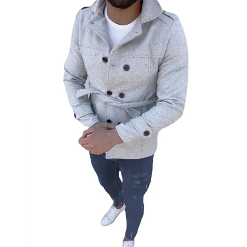 Mens Coat Belt Long Sleeve Windbreaker Double-breasted Woolen Overcoat Autumn Winter Male Cardigan Jaqueta Masculina