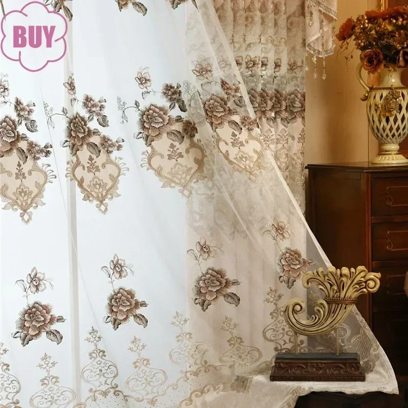 European Style Curtains For Living Dining Room Bedroom Luxury Embroidered Beige Chenille Curtain Valance French Window Tulle