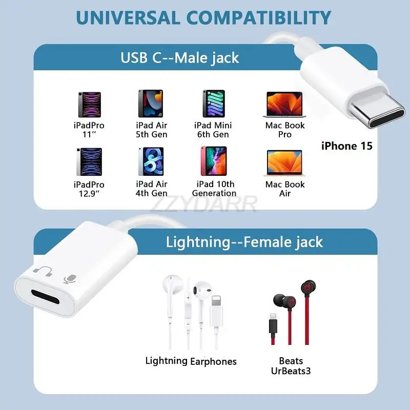 USB C to Lightning Female Audio Adapter for iPhone15 MacBook