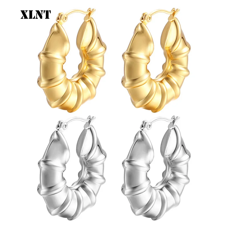 

XLNT Statement Gold Color Big Bamboo Circle Hoop Earrings For Women Hip Hop Earrings Stainless Steel Classic Jewelry