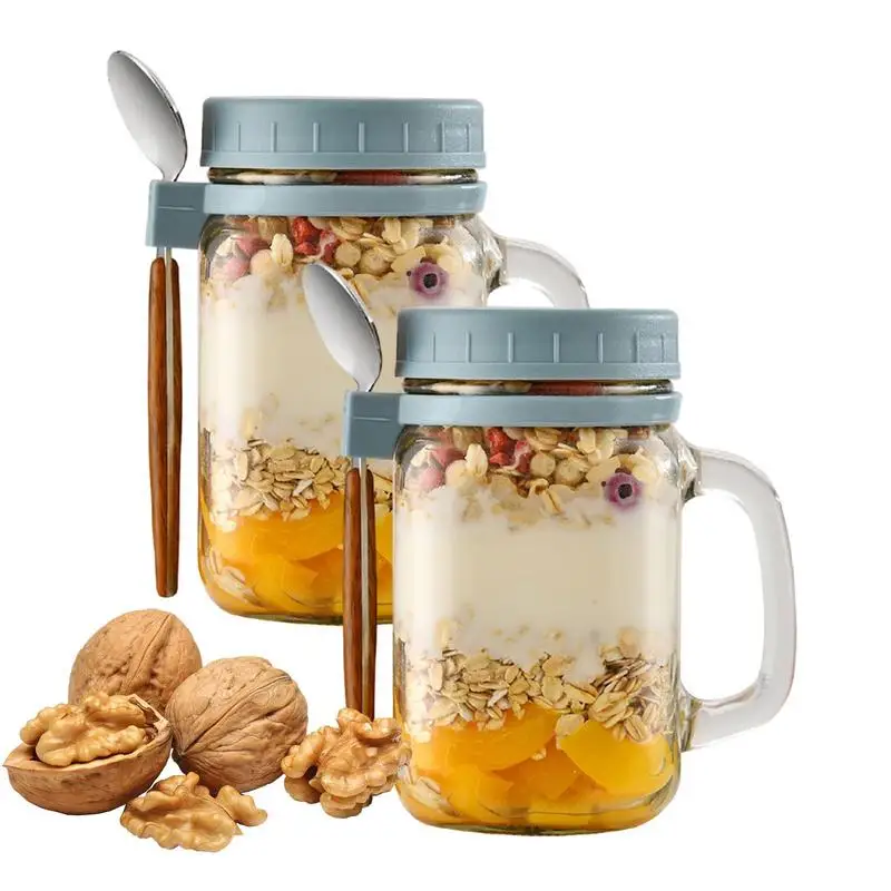 

Overnight Oats Jars | 2pcs Keep Fit Yogurt Meal Jar with Lid and Spoon | 480ml Airtight Glass Breakfast on the Go Cups for Cerea