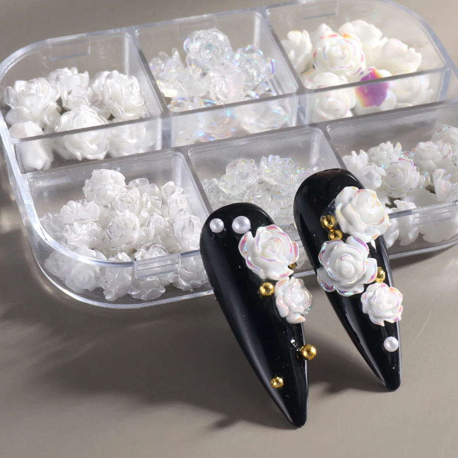90Pcs White 3D Acrylic Flower Nail Charms 3D White Aurora Camellia Nail Art  Jewelry Acrylic Resin Flowers Design Elegant Wedding Nail Charms for DIY
