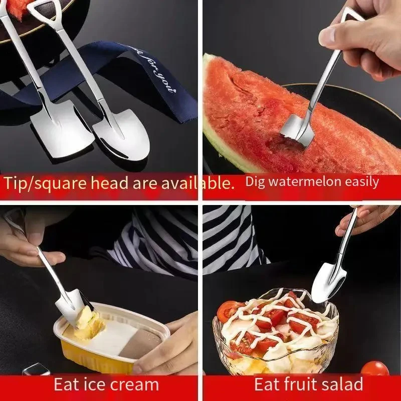 Shovel Spoons Stainless Steel Teaspoons Creative Coffee Spoon for Ice Cream Dessert Tableware Scoop Cutlery Set for Eating