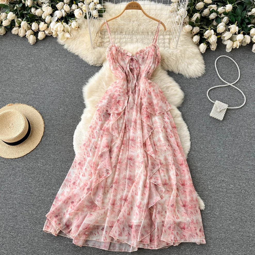 Summer Bohemian Long Dress Women Sleeveless Spaghetti Strap Backless Beach Chiffon Dress Print Evening Party Ruffle Dresses