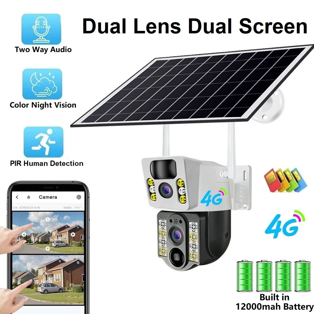 

V380 Outdoor 4MP 4G Solar powered PTZ Double Len PIR Detection Alarm Auto Tracking 7.5W Solar Panel with 12000mah Battery Camera