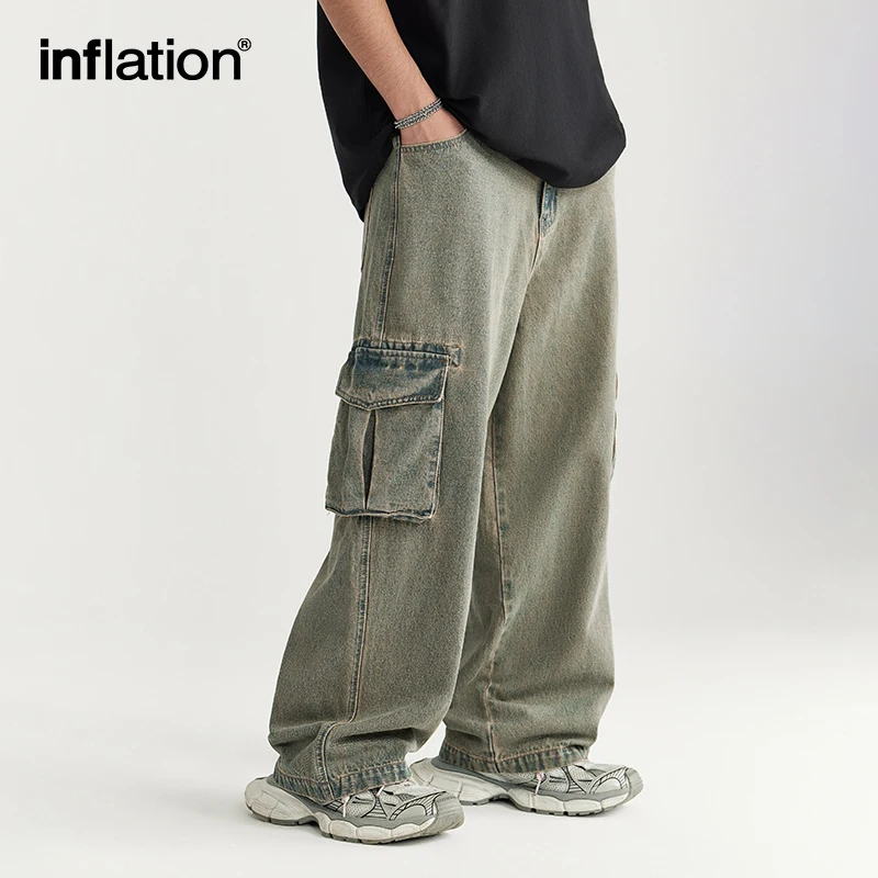 

INFLATION Acid Washed Cargo Jeans Vintage Wide Leg Denim Men Street Style Pants
