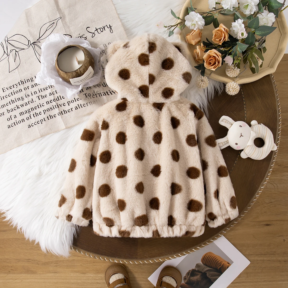 (0-3 Years Old Girls) Girls Turned Cotton Coat Winter New Bow Silk Lead Button Solid Color Wavy Texture with Velvet Thickening