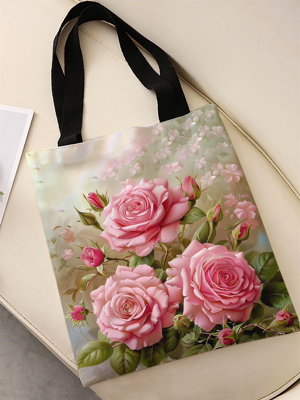 Rose pattern printed casual handbag, reusable fashionable backpack, multifunctional handbag, canvas shopping bag