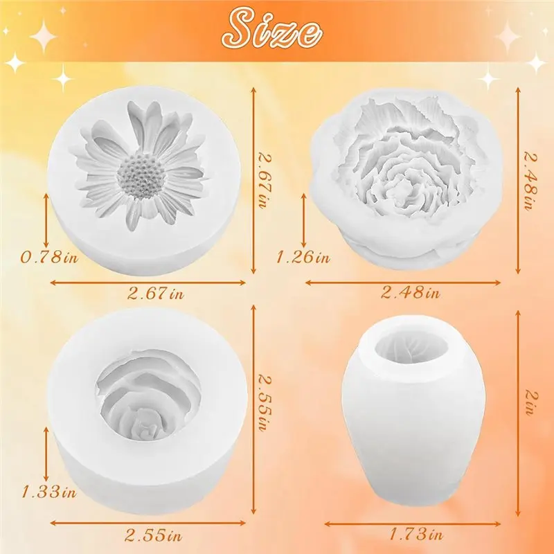 FYBL-4Pcs 3D 꽃 실리콘 몰드 세트 데이지 모란 장미 튤립 DIY 양초 비누 에폭시 렐리스 공예 선물용