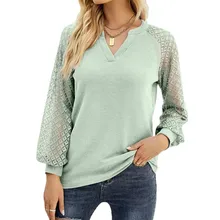  2022 Autumn T Shirt For Women V Neck Fashion Waffle Lace Patchwork Long Sleeve Streetwear Loose Vintage Casual Tee Shirt Tops 