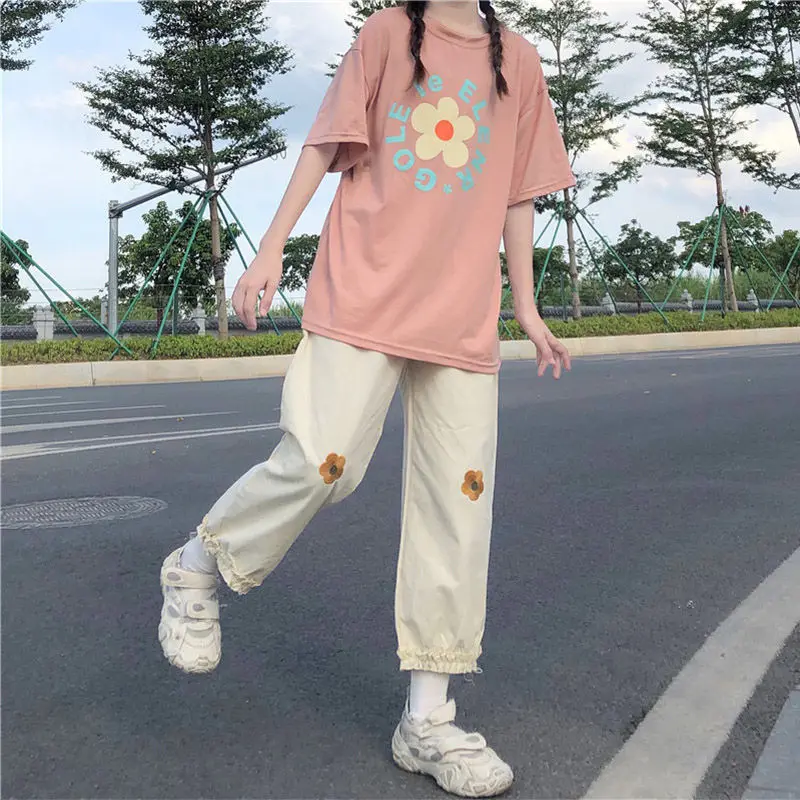 Women Harajuku Casual Pants Ins Sweet All-match Ankle-Length Trousers Lovely Japanese Style Trendy Baggy Beige Floral Embroidery
