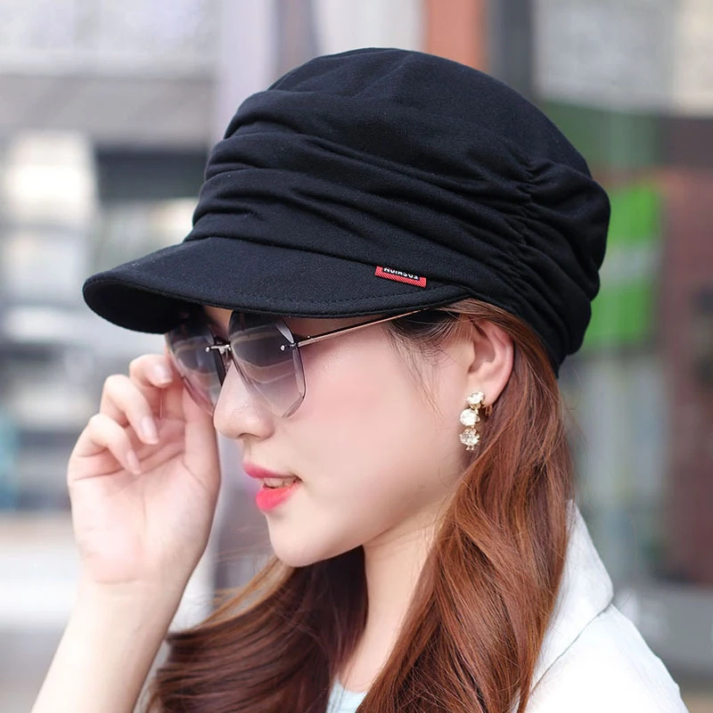 Korean Style Pleated Visor Cap For Women Adjustable Hat Fashion Short Brim Warm Foldable Hat Spring Outdoor Head Wrap Cap earflap visor hat visor hat