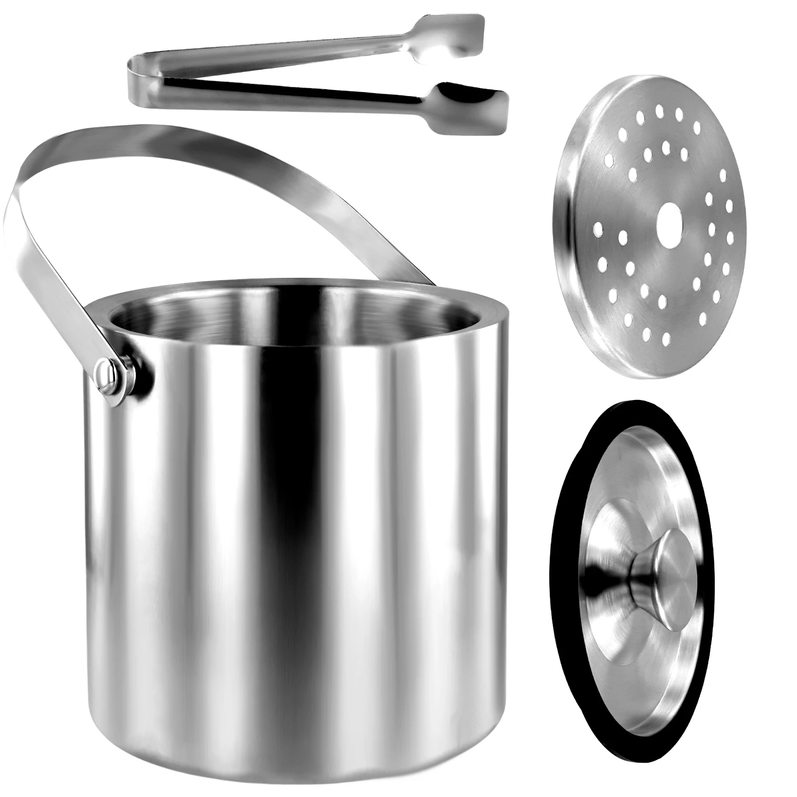 Description Picture 4 of itemInsulated Ice Bucket with Silicone Lid, Tongs & Strainer, Double Wall Stainless Steel Ice Bucket for Parties and Bar Ice Bucket